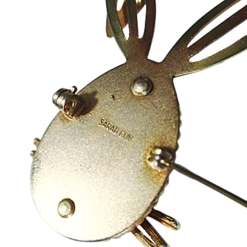1960s Vintage Small Gold Tone Novelty Whimsical Rabbit Bunny Pin With Red Jewels - Picture 5 of 6